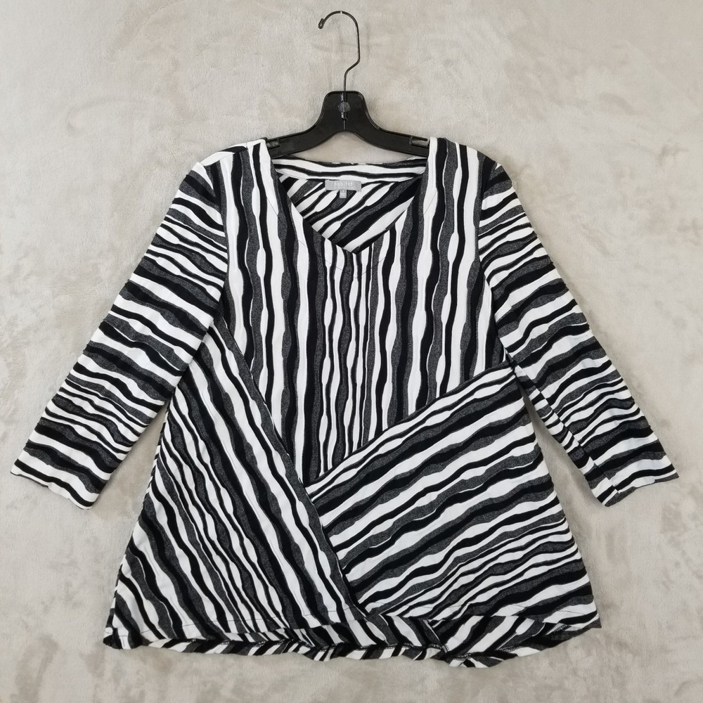 Habitat Tunic Top Womens Small Black White‎ Stripe Textured V-Neck Art to Wear